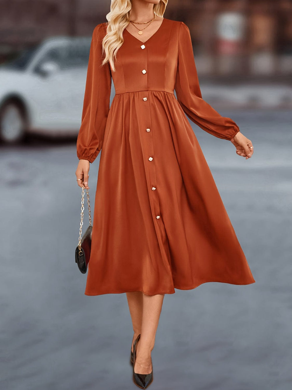 V-Neck Balloon Sleeve Midi Dress - Trendsi