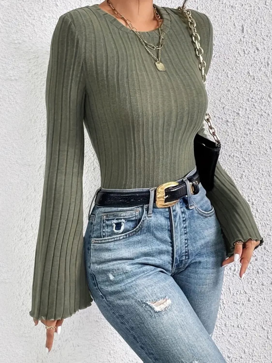 Ribbed Round Neck Flare Sleeve T-Shirt - Trendsi