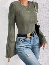 Ribbed Round Neck Flare Sleeve T-Shirt - Trendsi - Flyclothing LLC