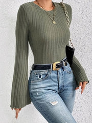 Ribbed Round Neck Flare Sleeve T-Shirt - Trendsi
