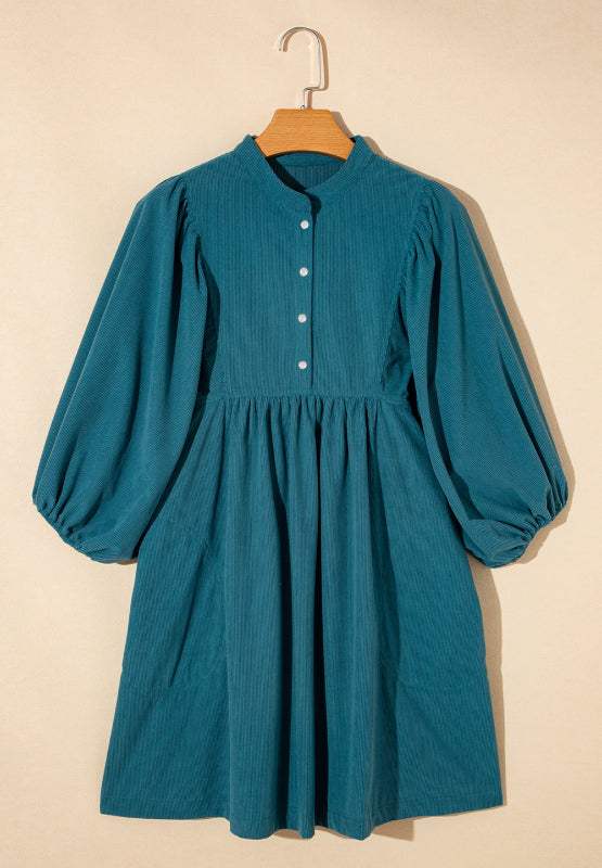 Corduroy Quarter Snap Three-Quarter Sleeve Dress - Trendsi - Flyclothing LLC