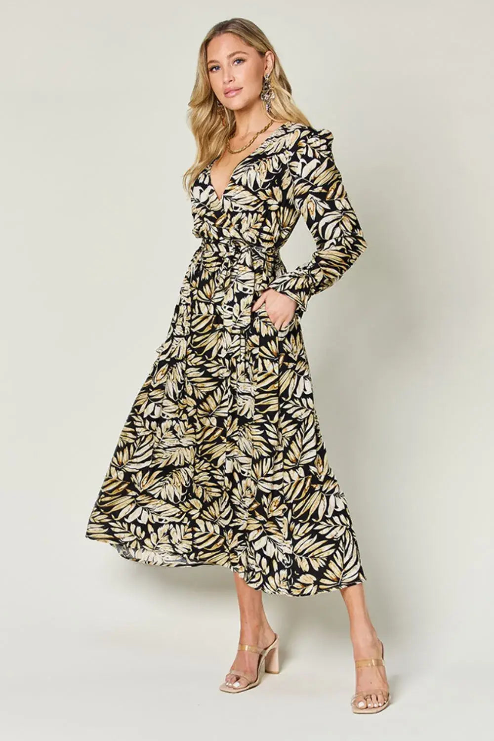 Double Take Full Size Tie Back Flounce Sleeve Dress - Trendsi - Flyclothing LLC