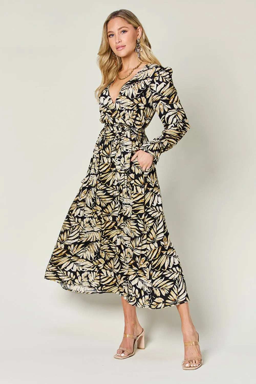 Double Take Full Size Tie Back Flounce Sleeve Dress - Trendsi - Flyclothing LLC