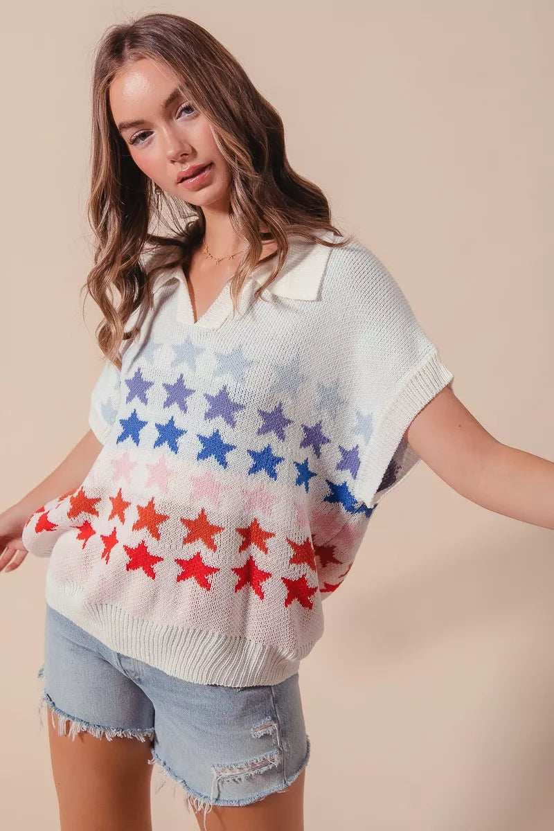SO ME Fourth Of July Stars Loose Fit Knit Top - Trendsi - Flyclothing LLC