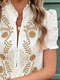 Embroidered Frill Notched Short Sleeve Blouse - Trendsi - Flyclothing LLC