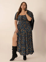 Plus Size Printed Short Sleeve Slit Tiered Maxi Dress - Trendsi - Flyclothing LLC