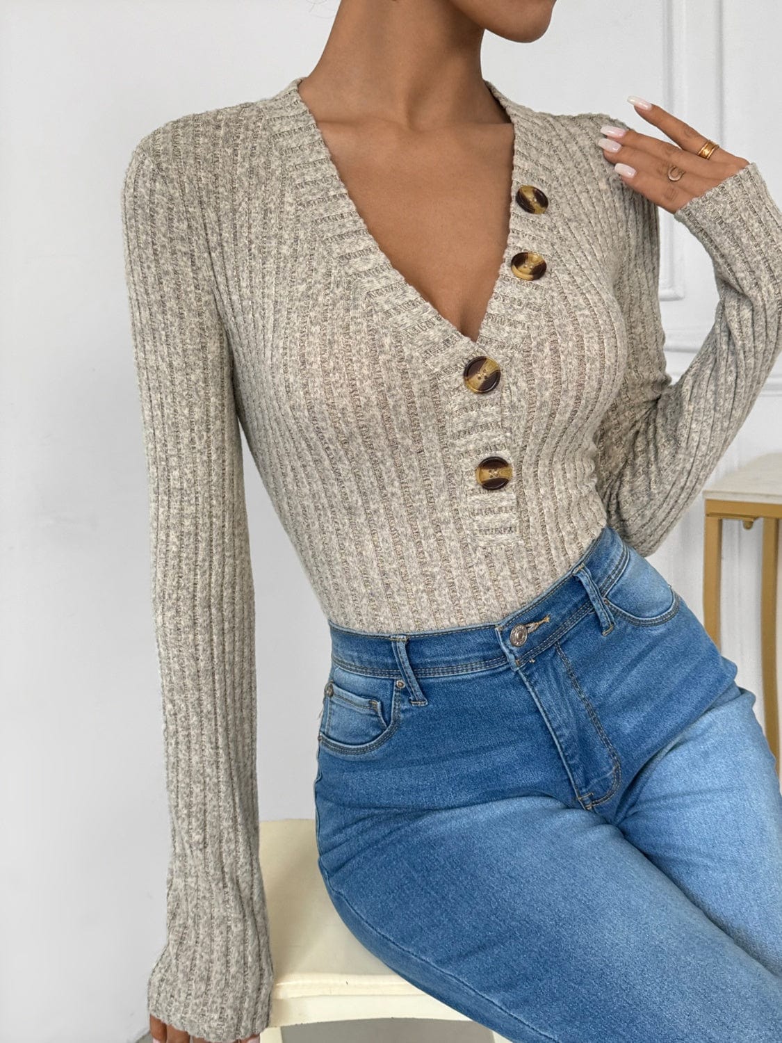 Perfee V-Neck Long Sleeve Bodysuit - Trendsi