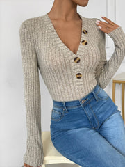 Perfee V-Neck Long Sleeve Bodysuit - Trendsi