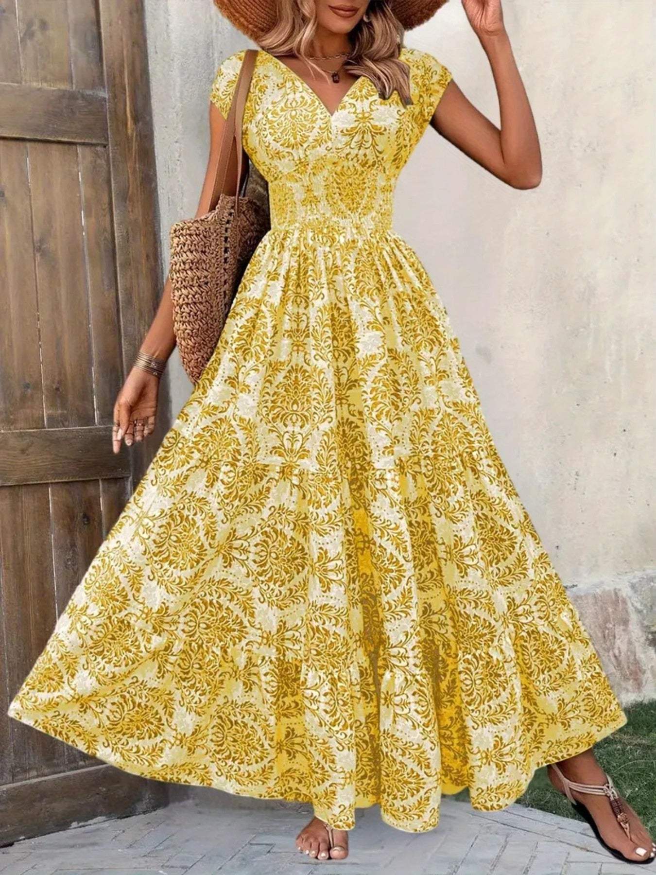 Printed Cap Sleeve Maxi Dress - Trendsi - Flyclothing LLC