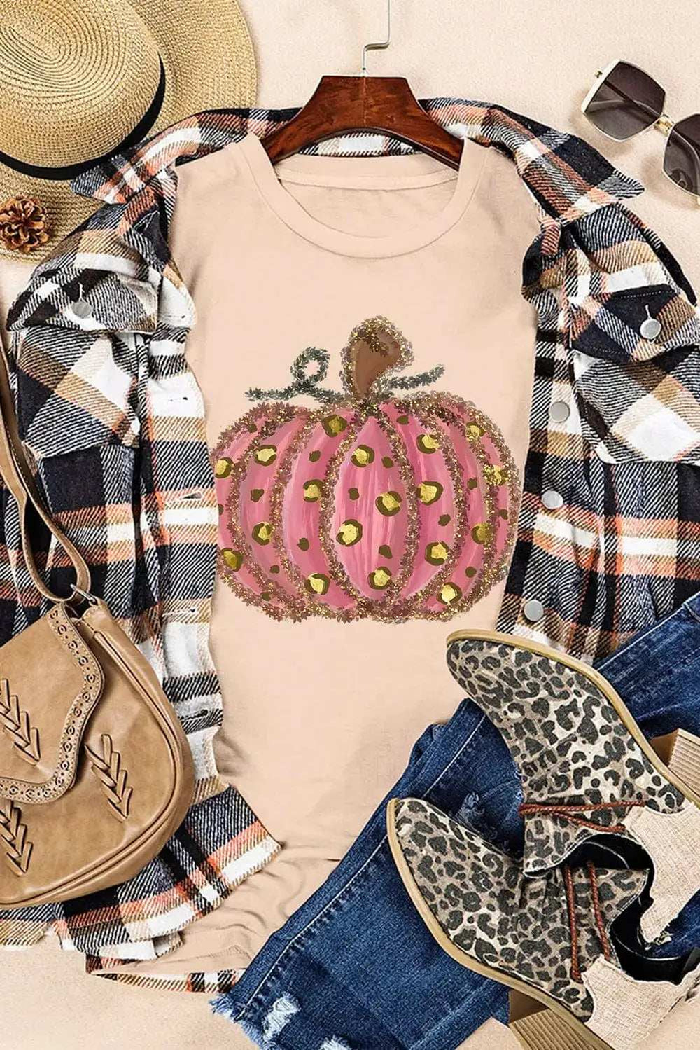 Pumpkin Round Neck Short Sleeve T-Shirt - Trendsi - Flyclothing LLC
