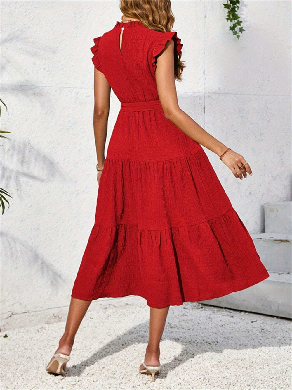 Frill Mock Neck Ruffled Cap Sleeve Midi Dress - Trendsi - Flyclothing LLC