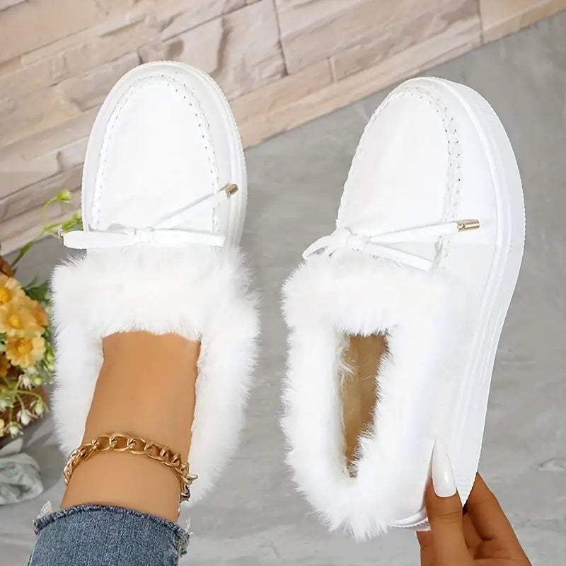 Bow Furry Round Toe Flat Slip-Ons - Trendsi - Flyclothing LLC