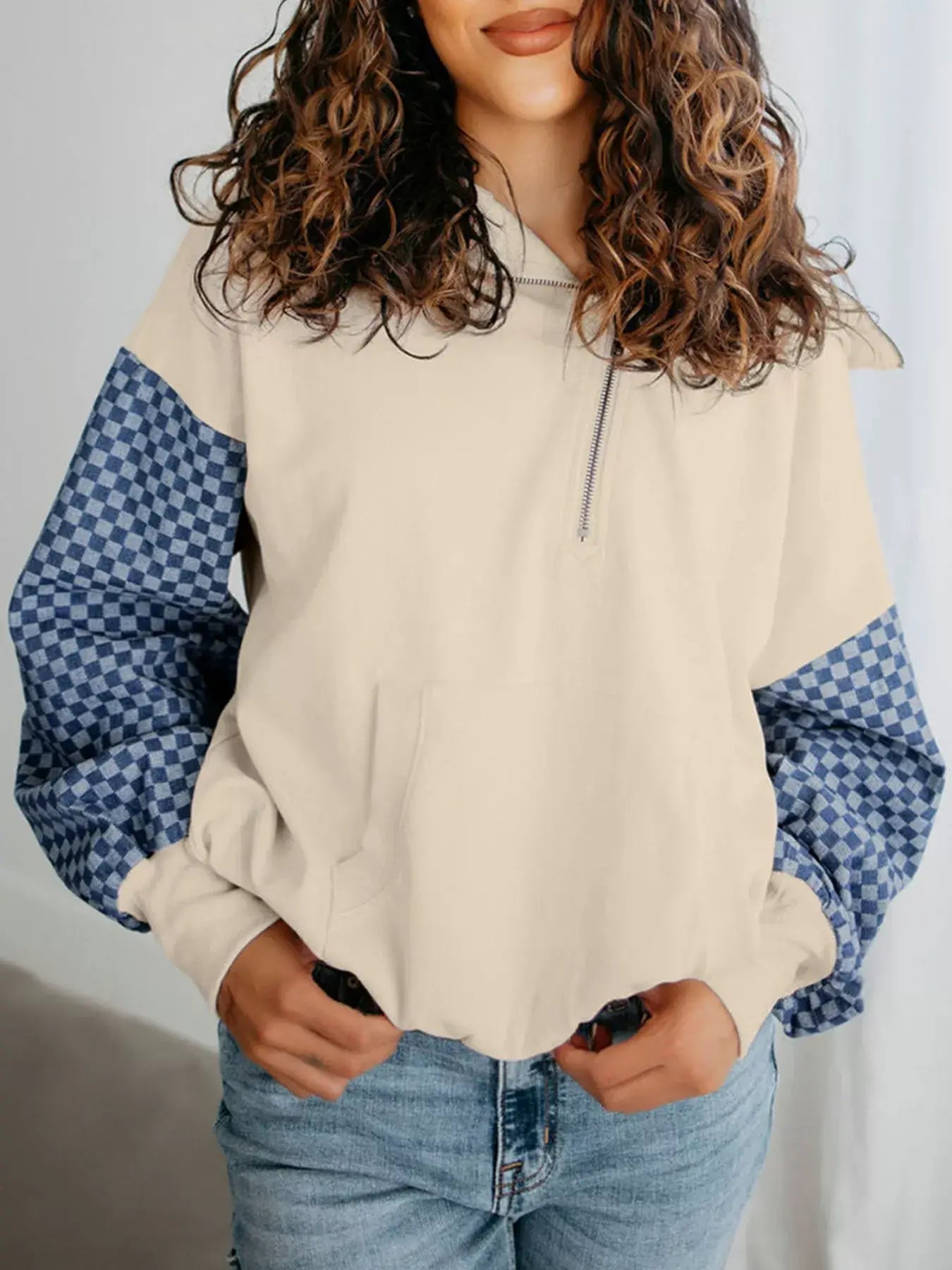 Checkered Color Block Half Zip Sweatshirt - Trendsi - Flyclothing LLC