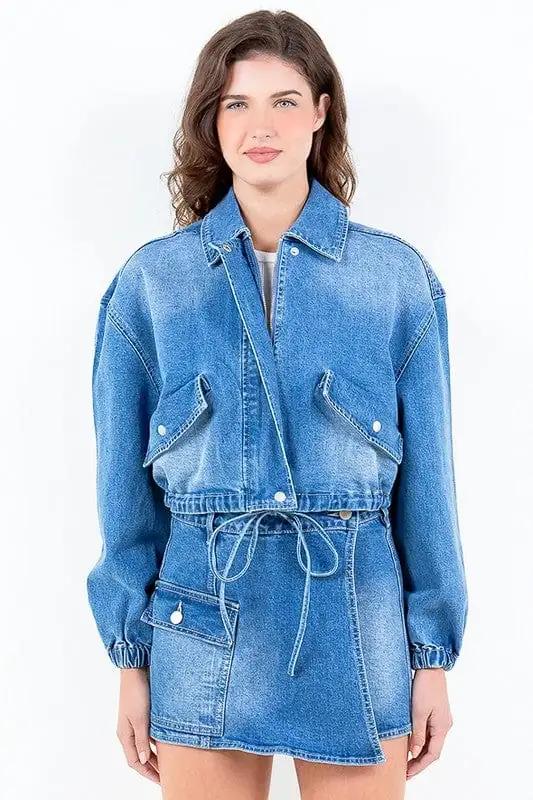 American Bazi Full Size Drop Shoulder Cropped Denim Jacket with Waist Strap Plus Size - Trendsi