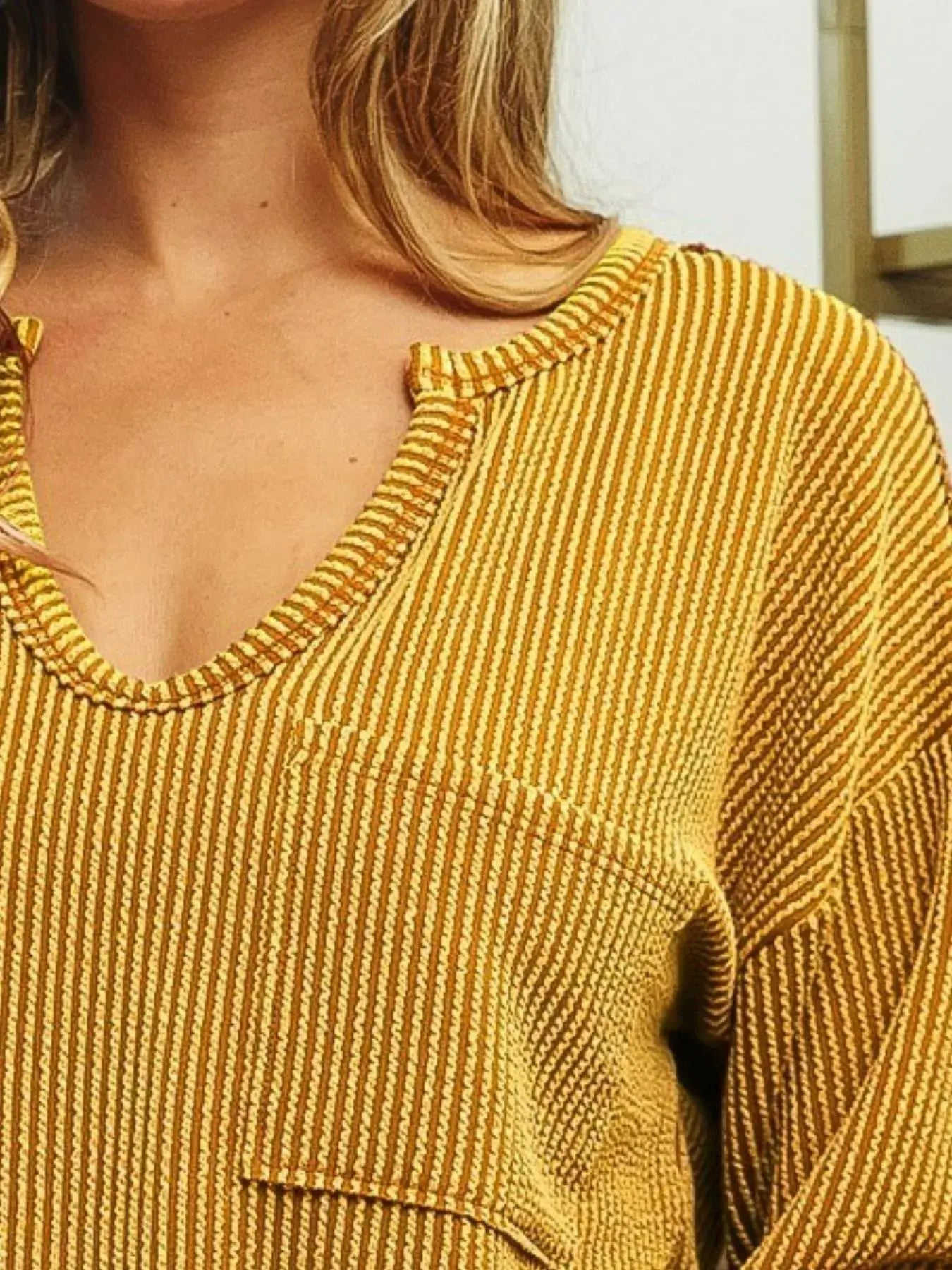 BiBi Wavy Two Tone Rib Notch Neck Patch Pocket Top - Trendsi - Flyclothing LLC