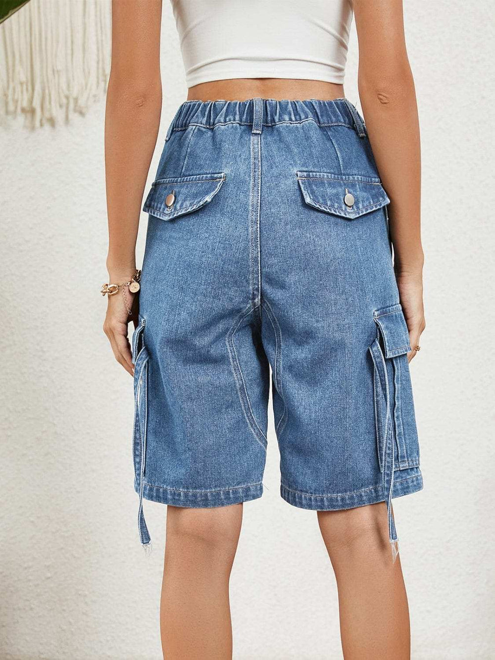 Buttoned Elastic Waist Denim Shorts with Pockets - Trendsi - Flyclothing LLC