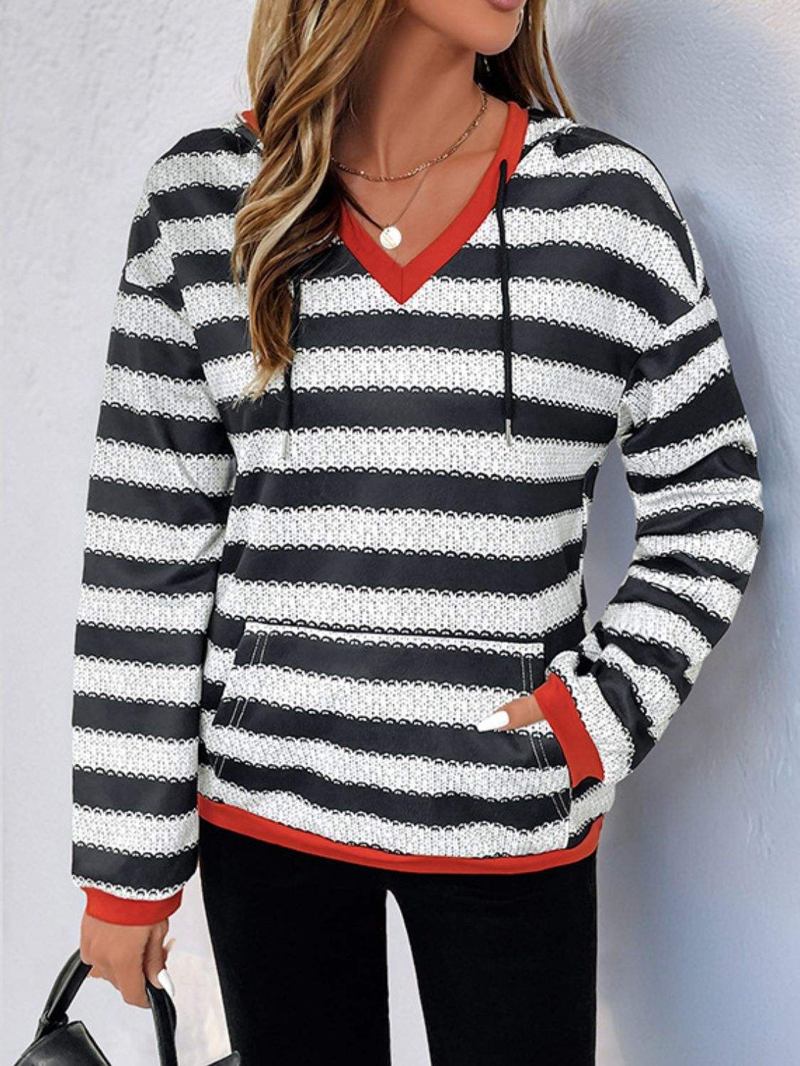 Perfee Contrast Striped Long Sleeve Hoodie - Trendsi - Flyclothing LLC