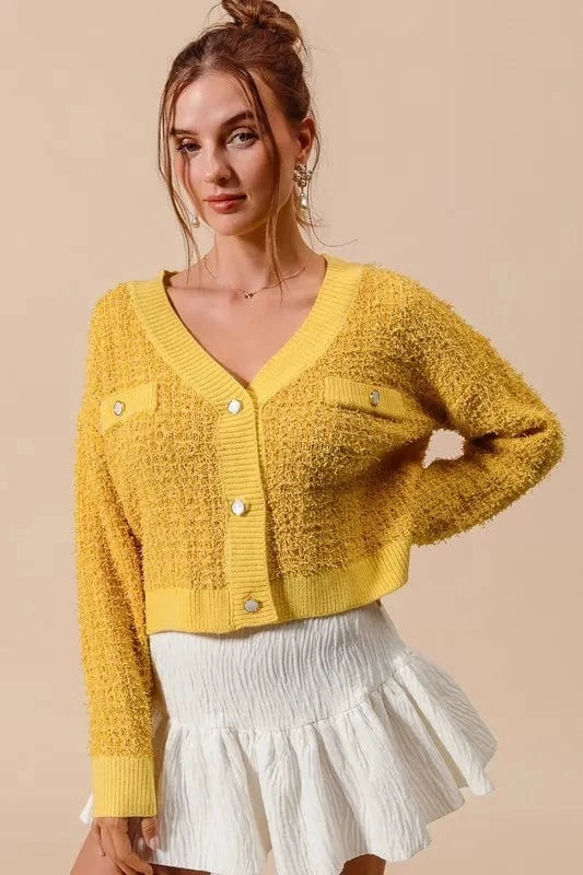 SO ME Frayed Tweed Knit Buttoned Front Cardigan - Trendsi
