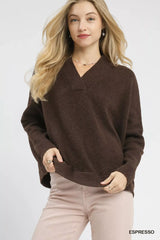 Umgee V-Neck Sweater with Wide Trim Detail - Trendsi - Flyclothing LLC