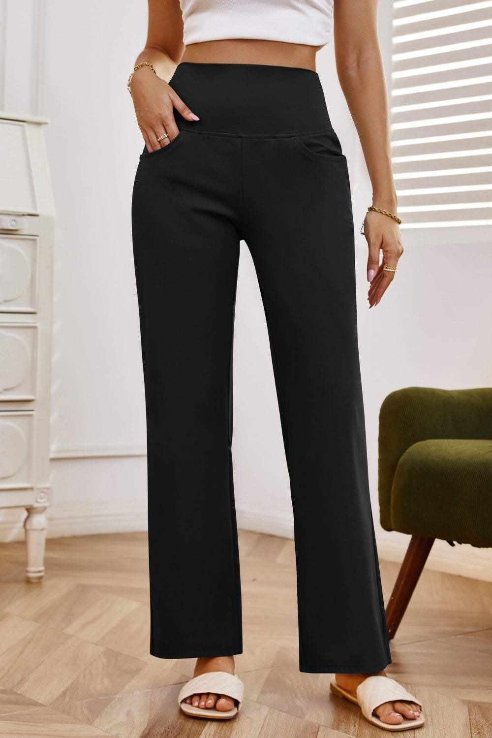 High Waist Wide Leg Pants with Pockets - Trendsi - Flyclothing LLC