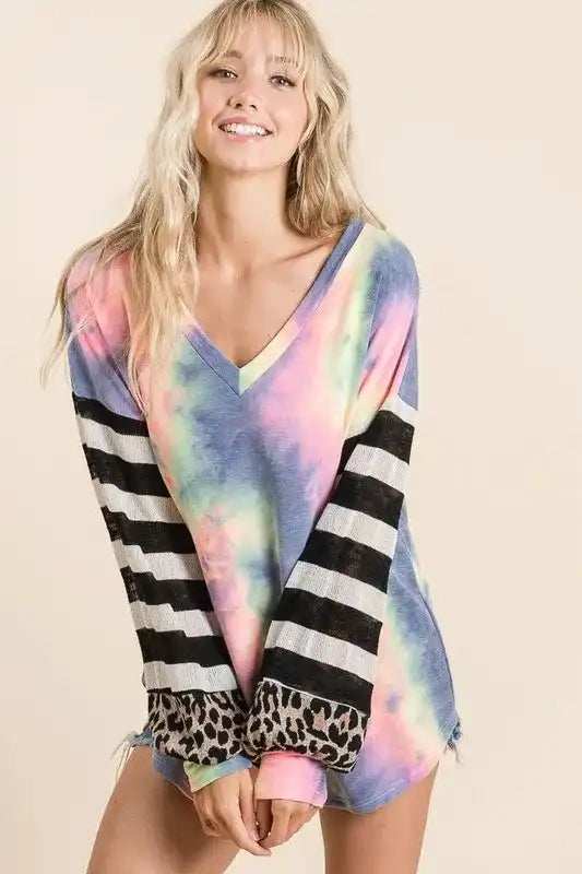 BiBi Tie Dye V Neck Top with Stripe Puff Sleeves - Trendsi - Flyclothing LLC