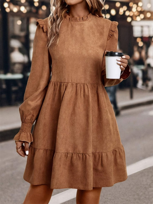 Frill Round Neck Long Sleeve Mini Dress - Trendsi