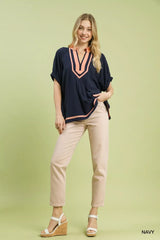 Umgee Linen Contrast Trim V-Neck Blouse - Trendsi - Flyclothing LLC