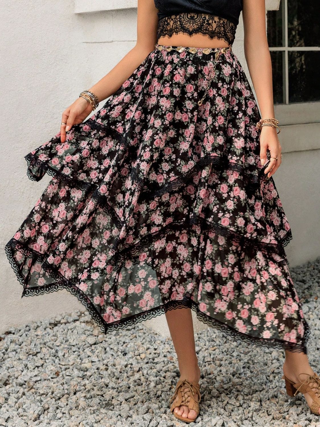 Lace Detail Layered Printed Skirt - Trendsi