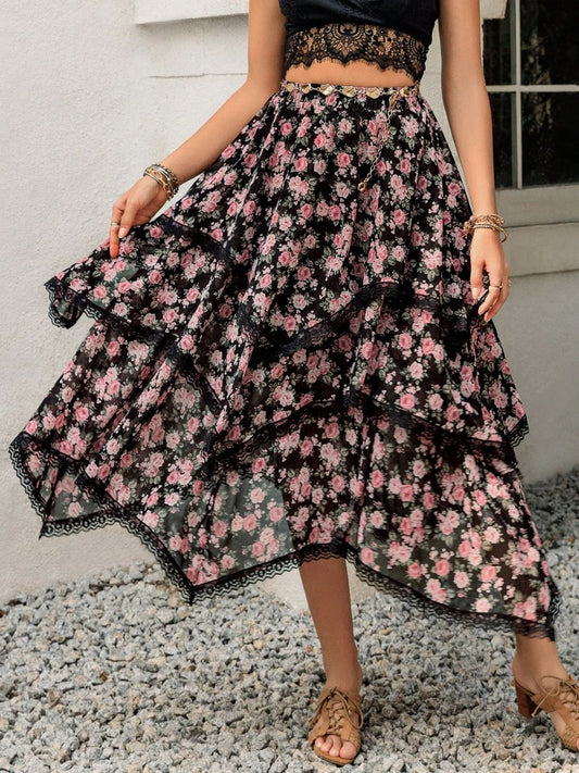 Lace Detail Layered Printed Skirt - Trendsi