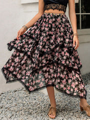Lace Detail Layered Printed Skirt - Trendsi