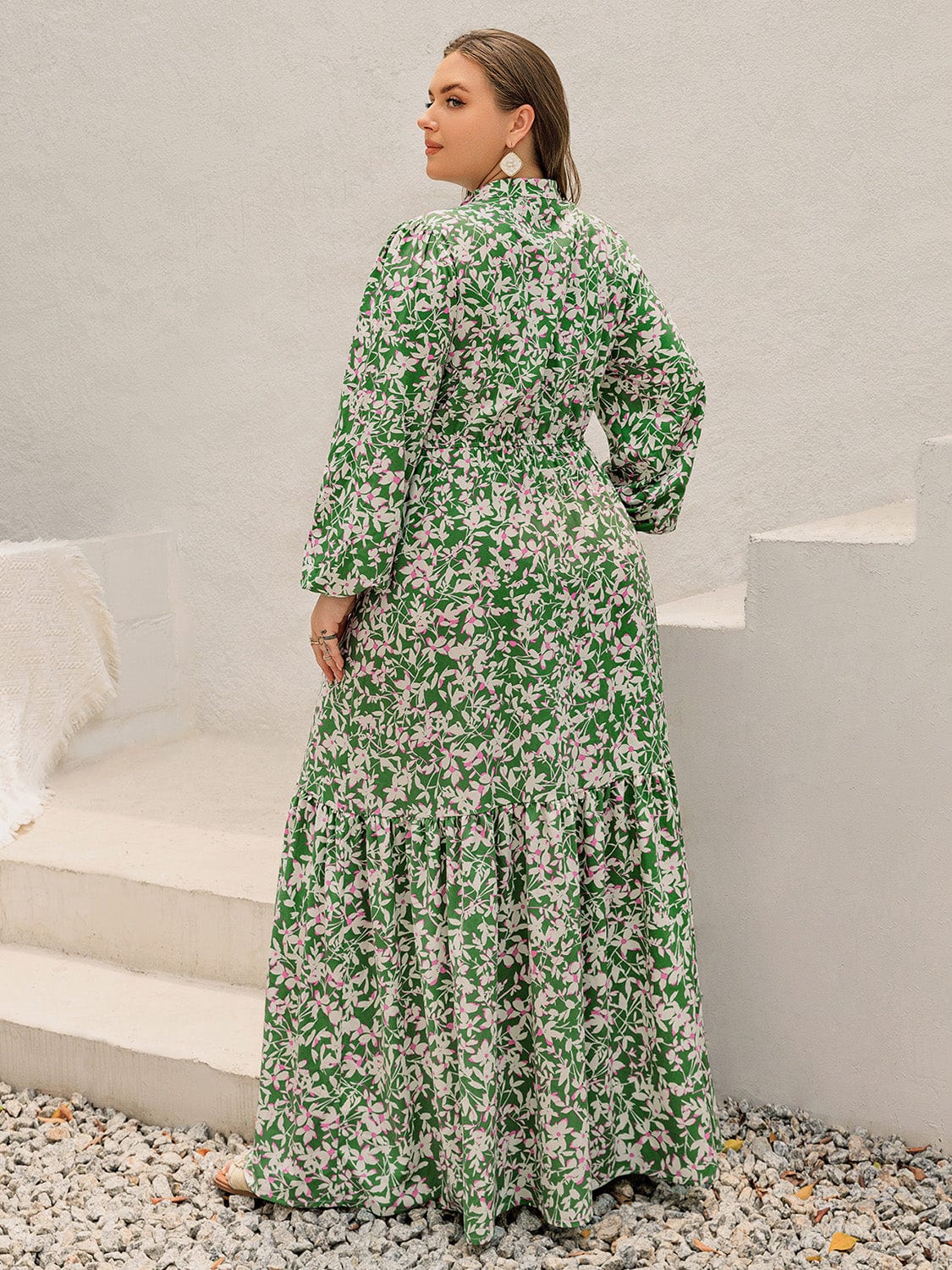Plus Size Printed Notched Long Sleeve Maxi Dress - Trendsi