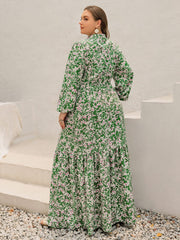 Plus Size Printed Notched Long Sleeve Maxi Dress - Trendsi
