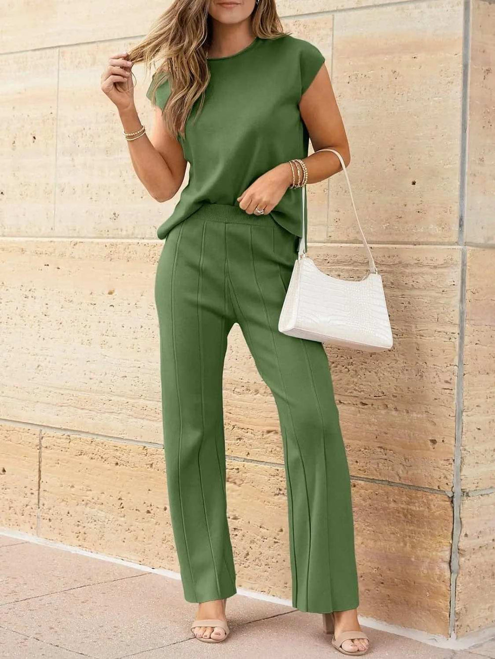 Round Neck Cap Sleeve Top and Pants Knit Set - Trendsi - Flyclothing LLC
