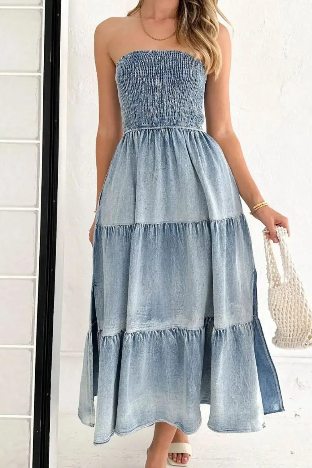 Smocked Tube Slit Tiered Denim Dress - Trendsi - Flyclothing LLC