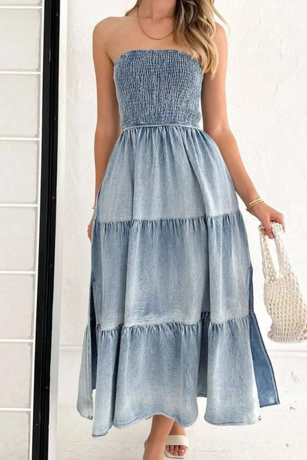 Smocked Tube Slit Tiered Denim Dress - Trendsi - Flyclothing LLC