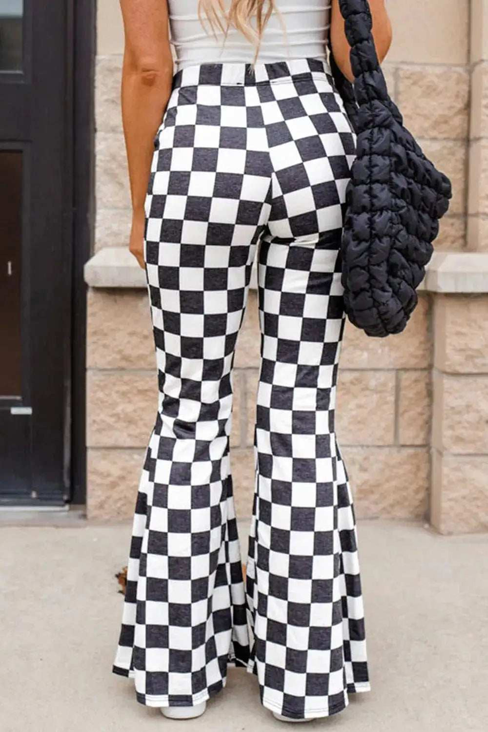 Checkered Flare Pants with Pockets - Trendsi - Flyclothing LLC