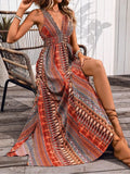 Tied Back Printed Sleeveless Maxi Slit Dress - Trendsi