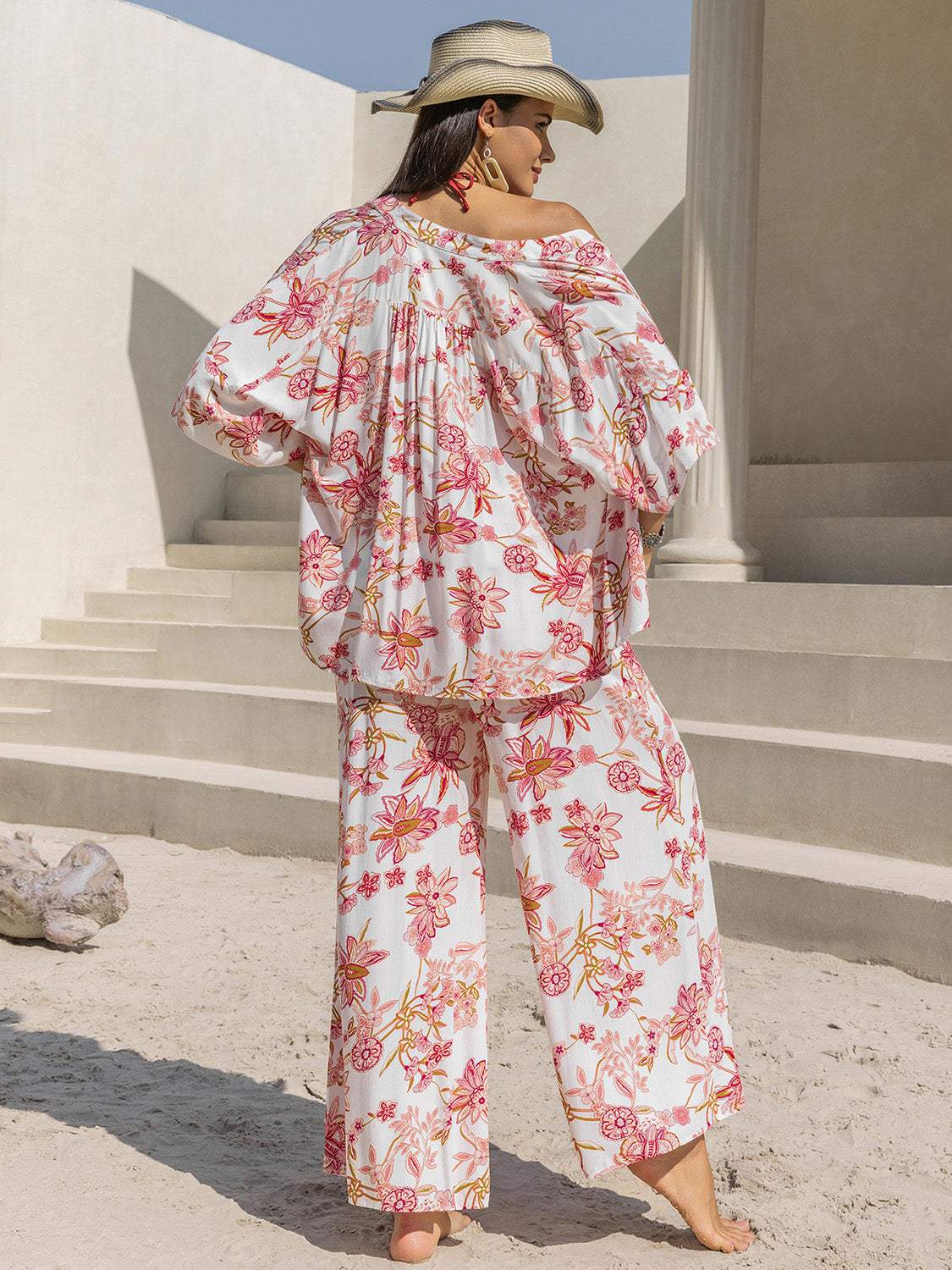 Printed Open Front Half Sleeve Top and Pants Set - Trendsi - Flyclothing LLC