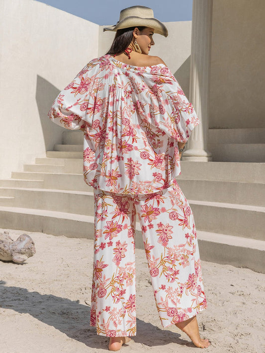 Printed Open Front Half Sleeve Top and Pants Set - Trendsi