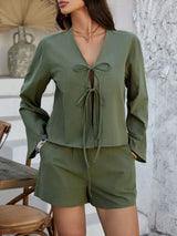 Devine Double Tied V-Neck Top and Shorts Set - Trendsi - Flyclothing LLC
