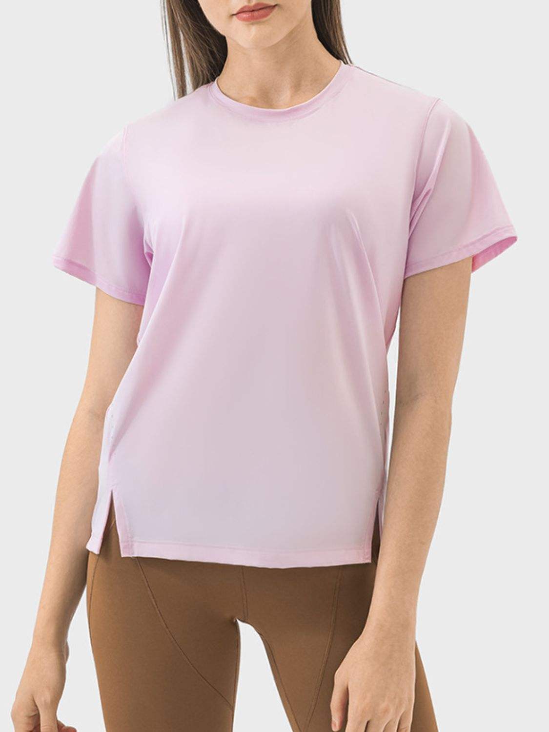 Slit Round Neck Short Sleeve Active T-Shirt - Trendsi - Flyclothing LLC