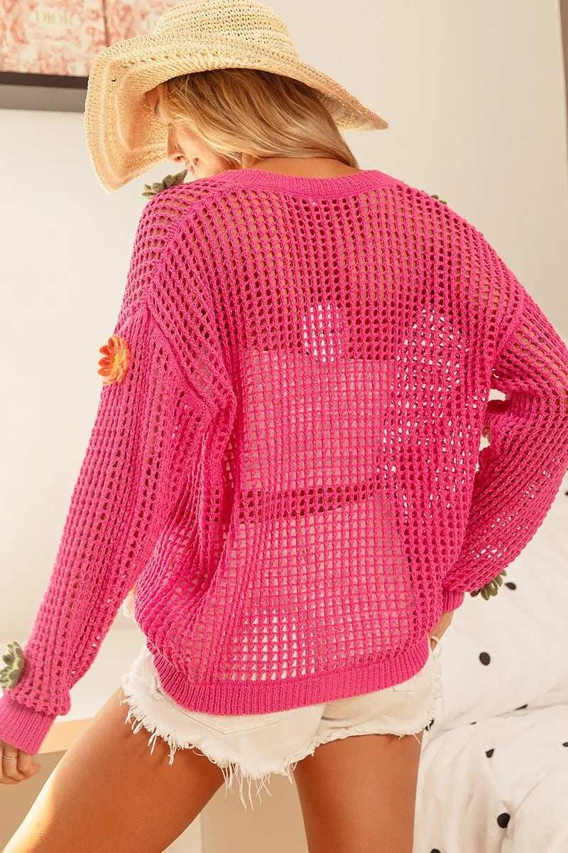 BiBi Flower Patches Open Knit Sweater Cardigan - Trendsi - Flyclothing LLC