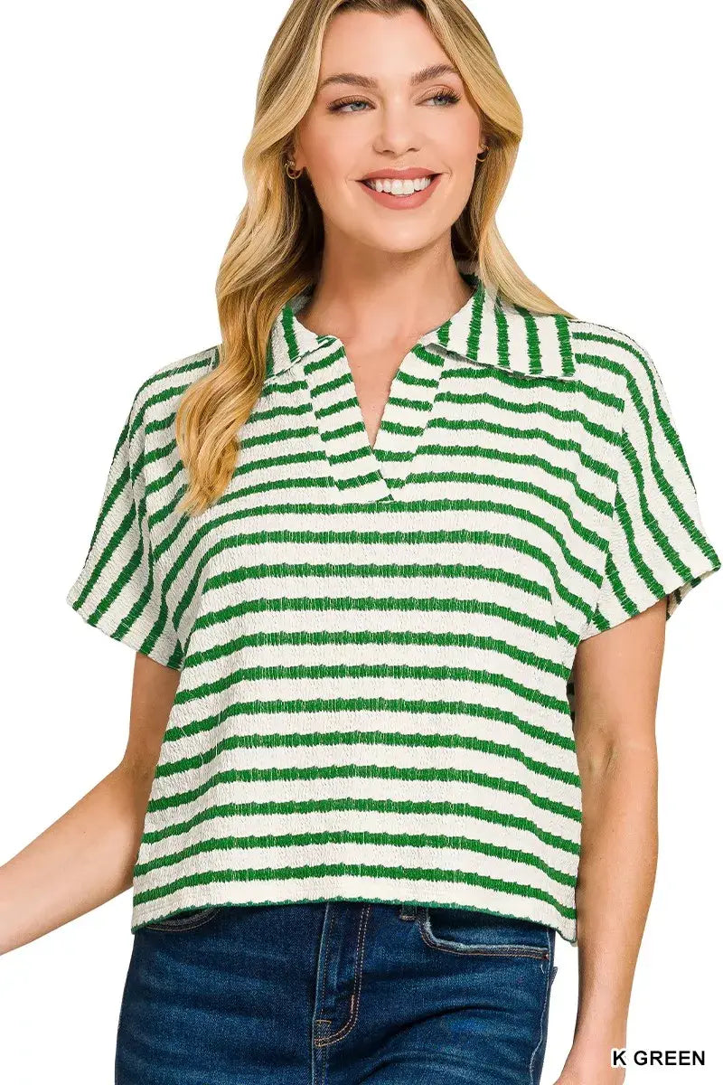 Zenana Striped Split Neck Collared Top - Trendsi - Flyclothing LLC