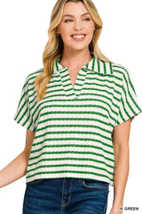 Zenana Striped Split Neck Collared Top - Trendsi - Flyclothing LLC