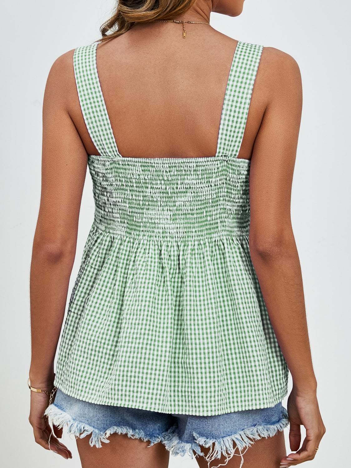 Smocked Plaid Square Neck Tank - Trendsi - Flyclothing LLC