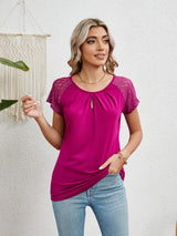 Lace Detail Round Neck Short Sleeve T-Shirt - Trendsi - Flyclothing LLC