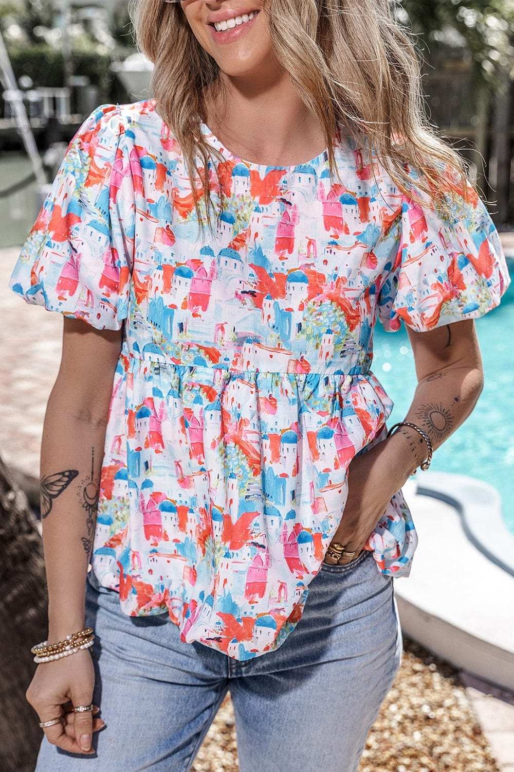 Printed Round Neck Puff Sleeve Blouse - Trendsi - Flyclothing LLC