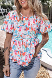 Printed Round Neck Puff Sleeve Blouse - Trendsi - Flyclothing LLC