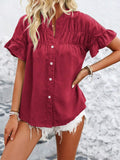 Button Down Ruffled Short Sleeve Shirt - Trendsi