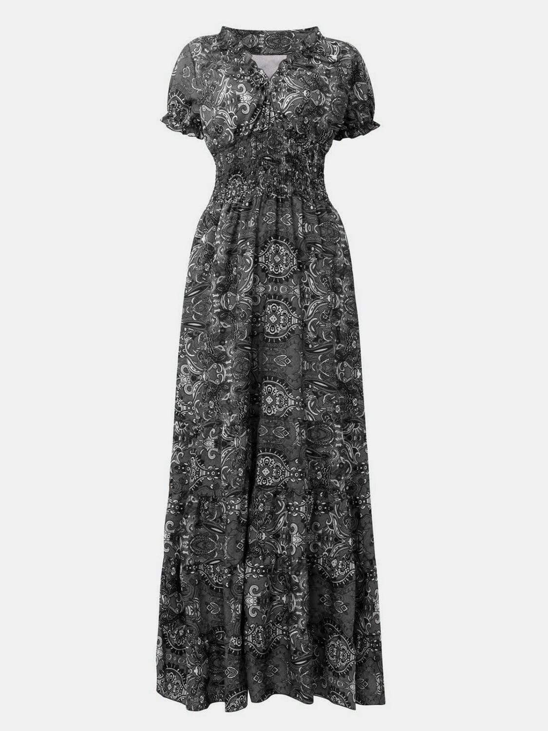 Full Size Smocked Printed V-Neck Short Sleeve Dress - Trendsi - Flyclothing LLC